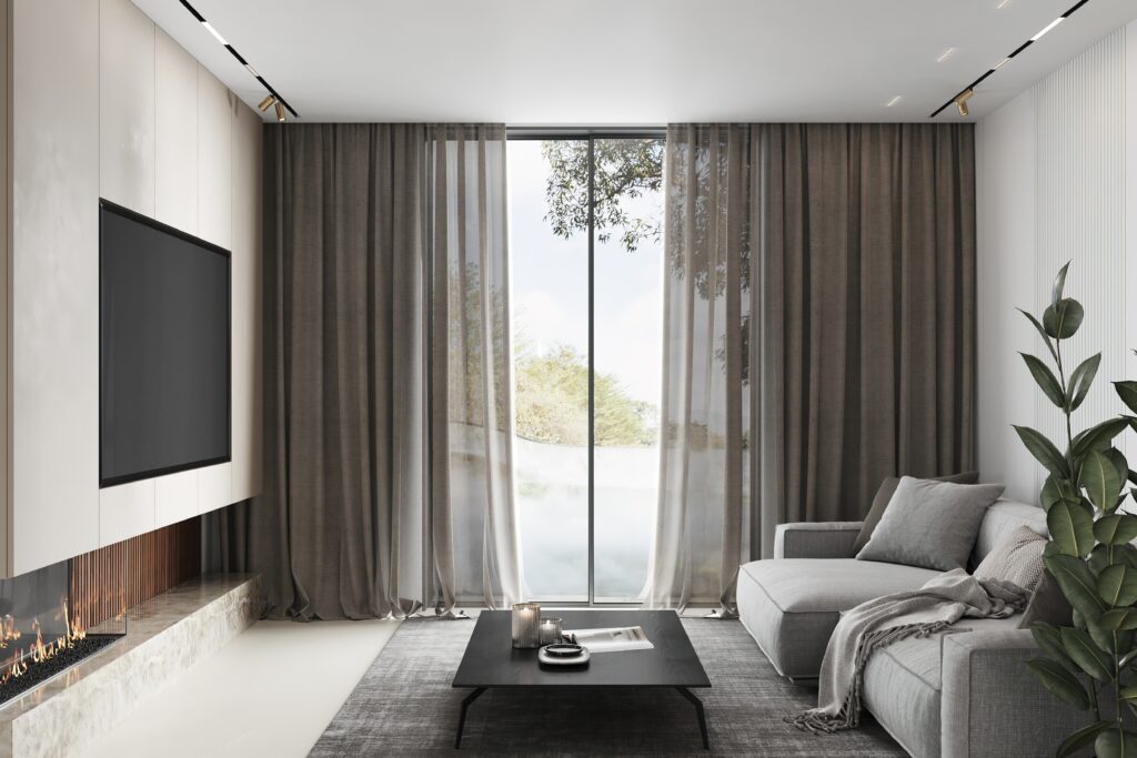 Kleines Wohnzimmer einrichten: Idee für minimalistische Wohnzimmergestaltung in grau, braun und beige.